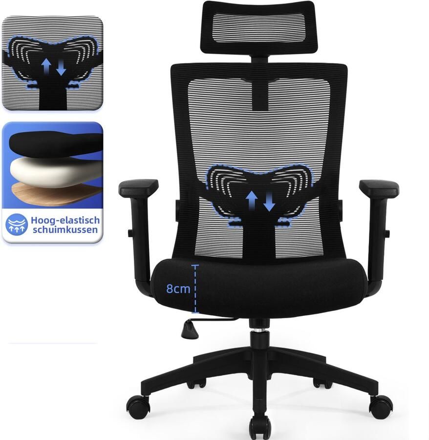 Hiaonyx bureaustoel-Ergonomische Bureaustoel-Bureaustoelen voor Volwassenen-verstelbare armleuningen in hoogte-Rugleuning kantelt 135°-Metalen hoekbasis-150kg-Zwart