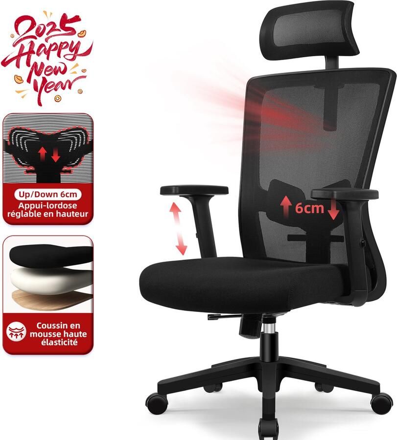 Hiaonyx Bureaustoel-Ergonomische Bureaustoel-Bureaustoelen voor Volwassenen-verstelbare armleuningen in hoogte-Rugleuning kantelt 135°-150kg-Zwart