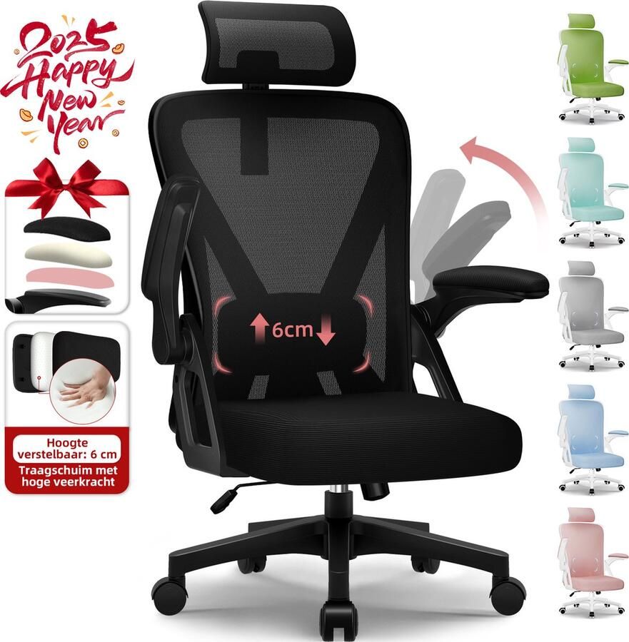 Hiaonyx bureaustoel-ergonomische bureaustoel-bureaustoelen voor volwassenen-Armleuningen in hoogte verstelbaar-2D lendensteun-Maximale kanteling 135°-Zwart - Foto 4