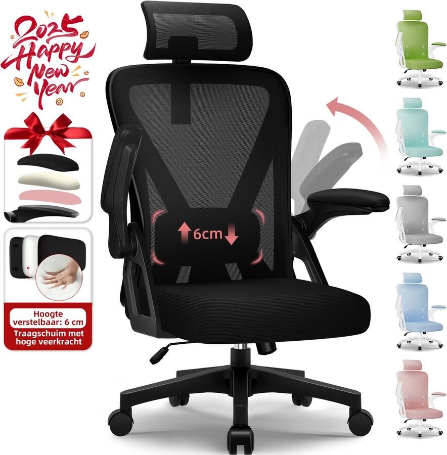 Hiaonyx bureaustoel – ergonomische bureaustoel voor volwassenen Opklapbare armleuningen – 4D lendensteun – Vergrendelbare rugleuning – met Stille wielen – Max. kanteling 135° – Zwart - Foto 7