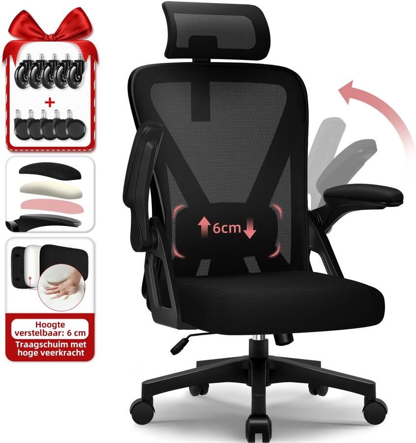 Hiaonyx bureaustoel-ergonomische bureaustoel-bureaustoelen voor volwassenen-Armleuningen in hoogte verstelbaar-2D lendensteun-Maximale kanteling 135°-Zwart