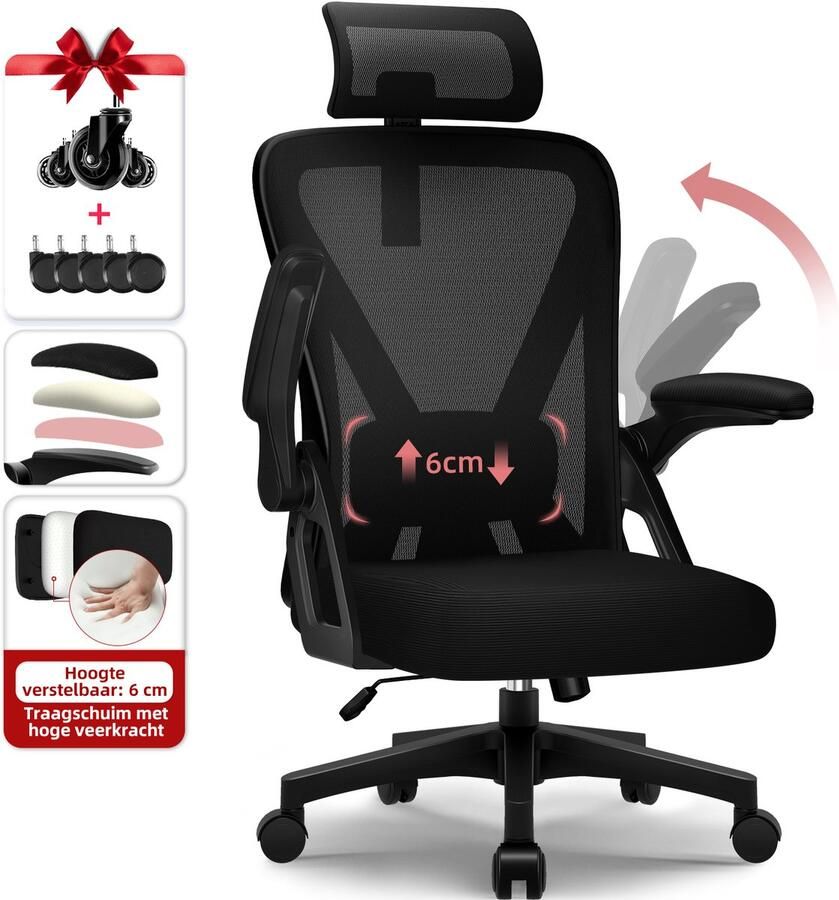 Hiaonyx bureaustoel – ergonomische bureaustoel voor volwassenen Opklapbare armleuningen – 4D lendensteun – Vergrendelbare rugleuning – met Stille wielen – Max. kanteling 135° – Zwart