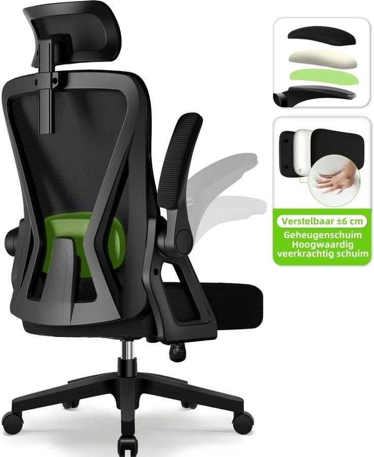Hiaonyx bureaustoel – ergonomische bureaustoel voor volwassenen Opklapbare armleuningen – 4D lendensteun – Vergrendelbare rugleuning – met Stille wielen – Max. kanteling 135° – Zwart - Foto 5