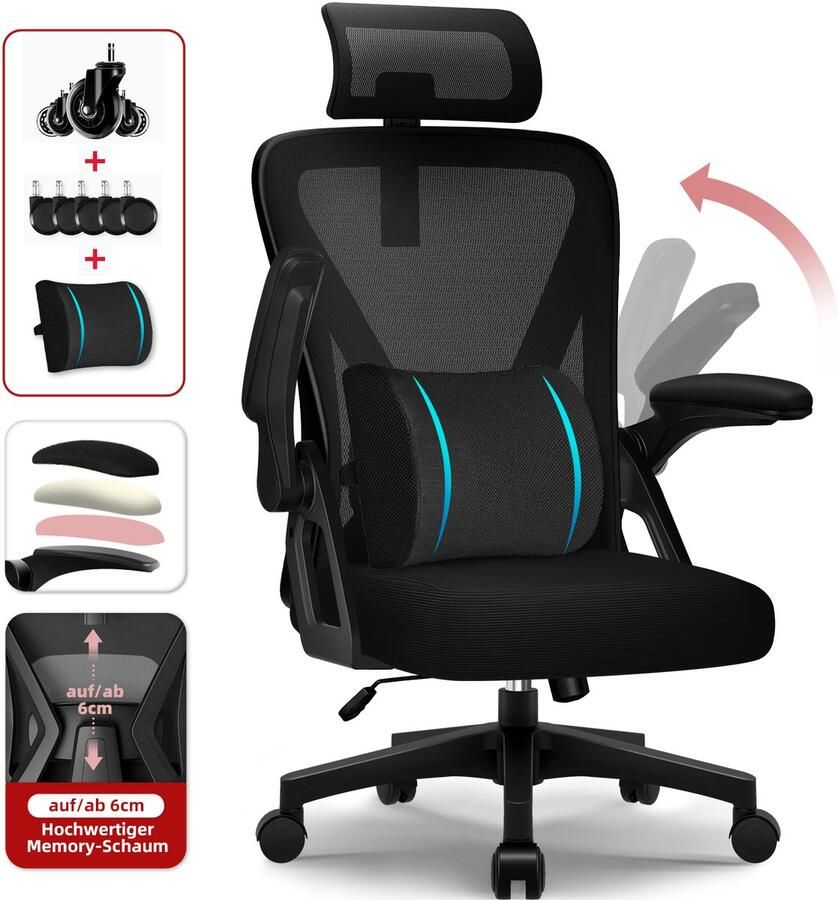 Hiaonyx Bureaustoel – ergonomische stoel voor volwassenen – 4D lendensteun – Opklapbare armleuningen – Vergrendelbare rugleuning – Extra stille wielen – Kantelbaar tot 135° -Inclusief lendensteun voor bureaustoel- – Zwart - Foto 2