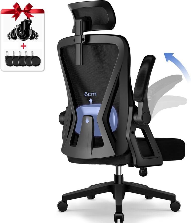 Hiaonyx Bureaustoel – ergonomische stoel voor volwassenen – 4D lendensteun – Opklapbare armleuningen – Vergrendelbare rugleuning – Extra stille wielen – Kantelbaar tot 135° -Inclusief lendensteun voor bureaustoel- – Zwart - Foto 5