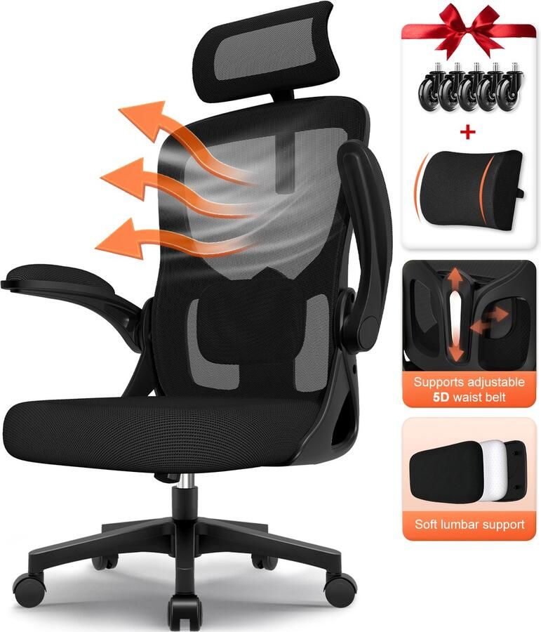 Hiaonyx Bureaustoel – ergonomische stoel voor volwassenen – 4D lendensteun – Opklapbare armleuningen – Vergrendelbare rugleuning – Extra stille wielen – Kantelbaar tot 135° -Inclusief lendensteun voor bureaustoel- – Zwart - Foto 4