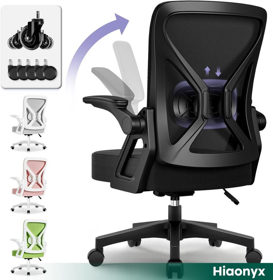 Hiazurm Hiaonyx Bureaustoel – Ergonomische bureaustoel met stille wielen – Bureaustoel voor volwassenen – Opklapbare armleuningen – Verstelbare lendensteun – Verdikt en verbreed zitkussen – Inclusief extra lendenkussen Zwart - Foto 2