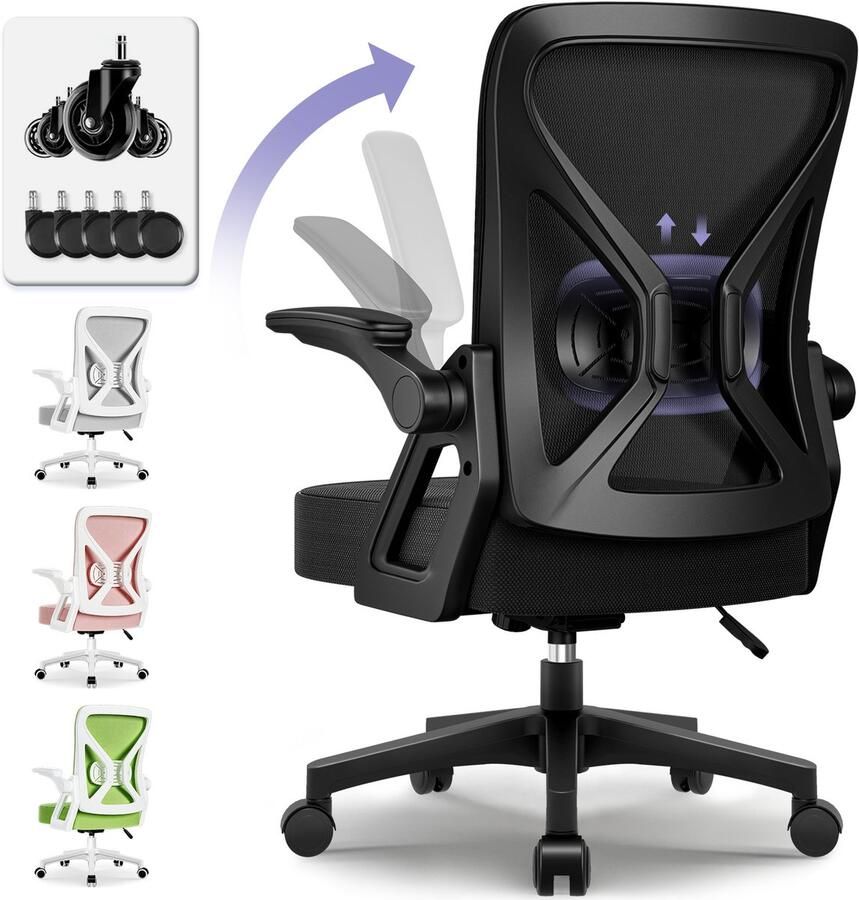 Hiaonyx Bureaustoel – Ergonomische bureaustoel met stille wielen – Bureaustoelen voor volwassenen – Opklapbare armleuningen – Lendensteun – Verdikt en verbreed zitkussen – Verhoogd ontwerp voor extra zithoogte