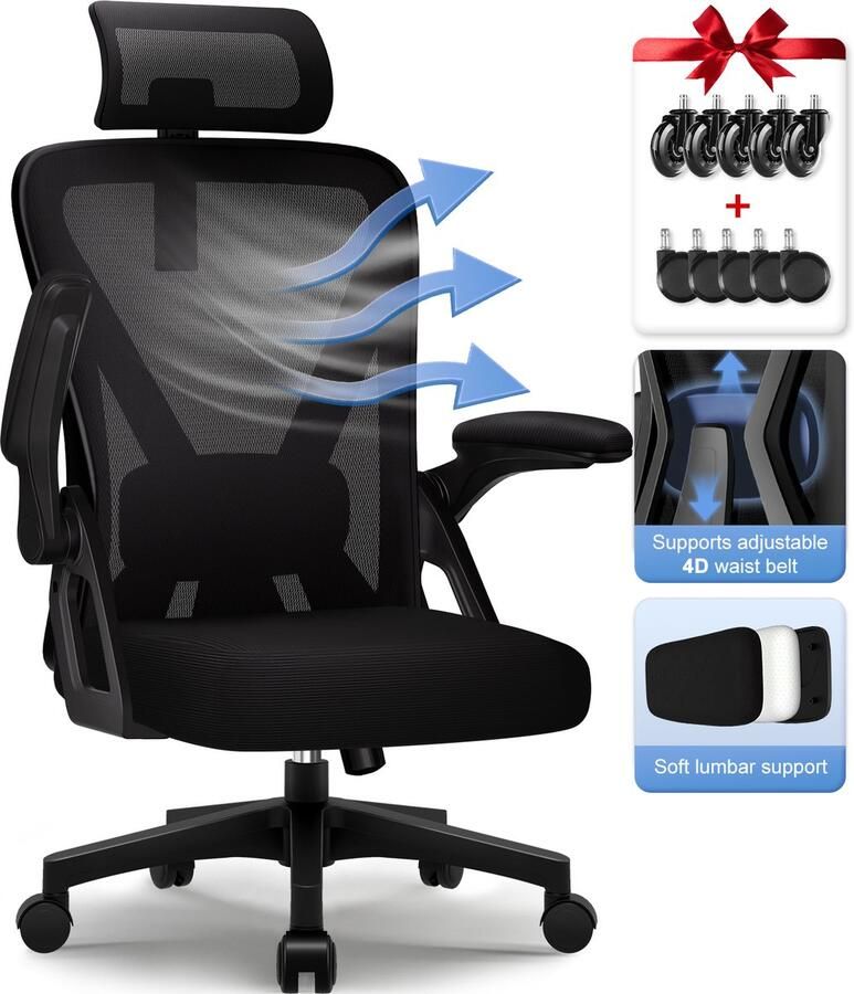 Hiaonyx Bureaustoel ergonomische stoel voor volwassenen 4D lendensteun Opklapbare armleuningen Vergrendelbare rugleuning Met stille wielen Kantelbaar tot 135° Inclusief lendensteun voor bureaustoel Zwart - Foto 4