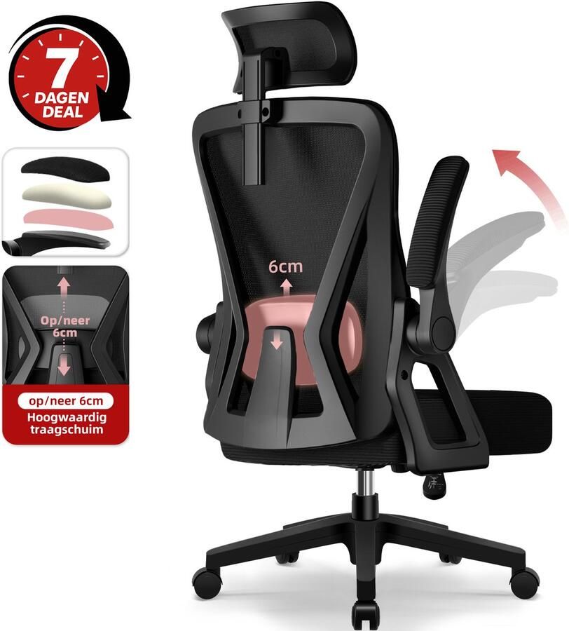 Hiaonyx bureaustoel – ergonomische bureaustoel voor volwassenen Opklapbare armleuningen – 4D lendensteun – Vergrendelbare rugleuning – met Stille wielen – Max. kanteling 135° – Zwart - Foto 3