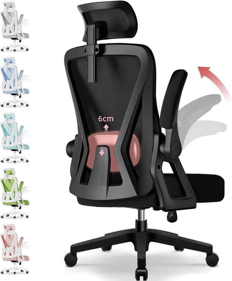 Hiaonyx bureaustoel – ergonomische bureaustoel voor volwassenen Opklapbare armleuningen – 4D lendensteun – Vergrendelbare rugleuning – met Stille wielen – Max. kanteling 135° – Zwart - Foto 4