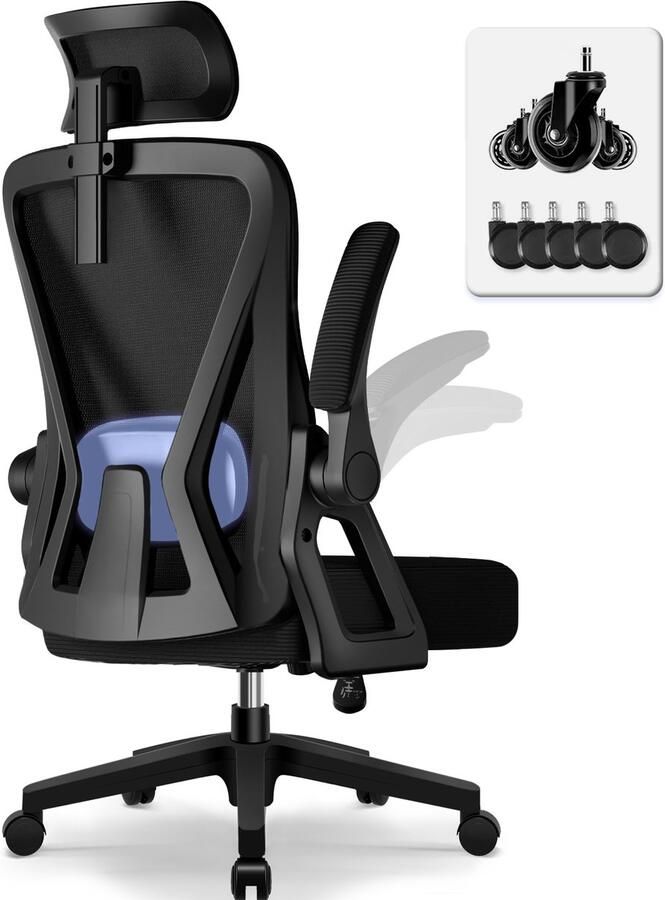 Hiaonyx Bureaustoel – ergonomische stoel voor volwassenen – 4D lendensteun – Opklapbare armleuningen – Vergrendelbare rugleuning – Extra stille wielen – Kantelbaar tot 135° – Zwart