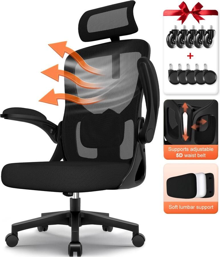 Hiaonyx Bureaustoel ergonomische stoel voor volwassenen 4D lendensteun Opklapbare armleuningen Vergrendelbare rugleuning Met stille wielen Kantelbaar tot 135° Inclusief lendensteun voor bureaustoel Zwart - Foto 5