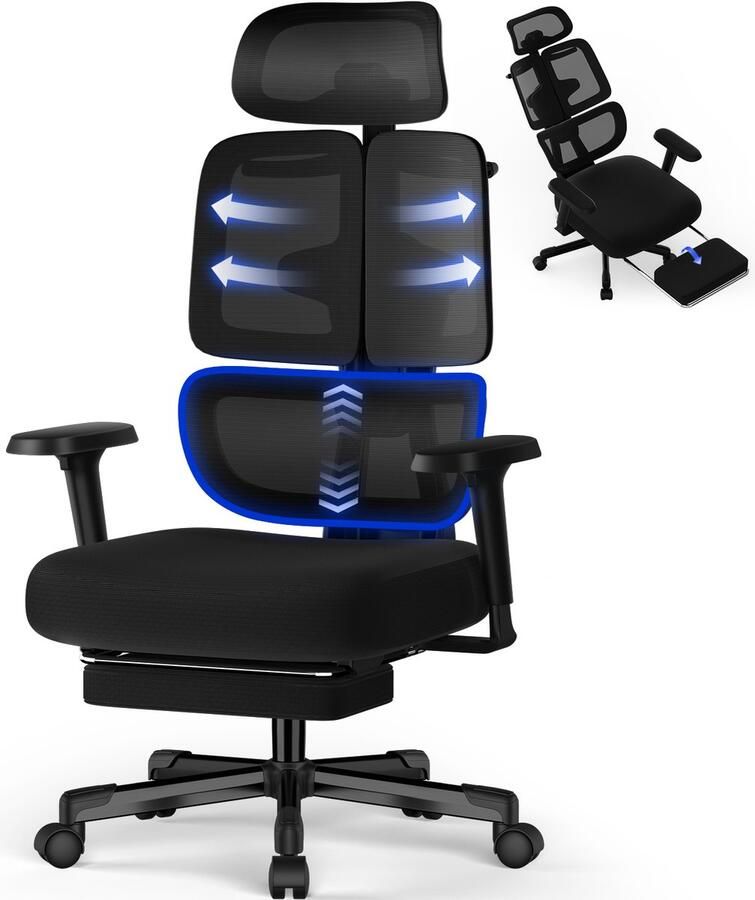 Hiaonyx bureaustoel met voetensteun–Ergonomische bureaustoel voor Volwassenen–6D Armleuningen–3D Hoofdsteun–Drievoudige Rug-en Lendensteun–Verstelbare Rugleuning tot 160°-Met stille wielen-Zwart - Foto 2