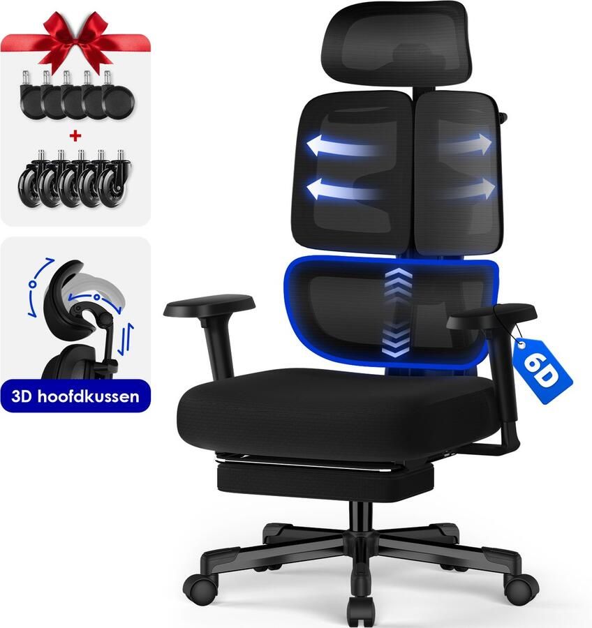 Hiaonyx bureaustoel met voetensteun–Ergonomische bureaustoel voor Volwassenen–6D Armleuningen–3D Hoofdsteun–Drievoudige Rug-en Lendensteun–Verstelbare Rugleuning tot 160°-Met stille wielen-Zwart