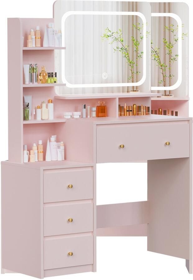 Hiaonyx Kaptafel met LED-verlichting met spiegel laden open vakken dimbare planken modern design geschikt voor slaapkamer roze