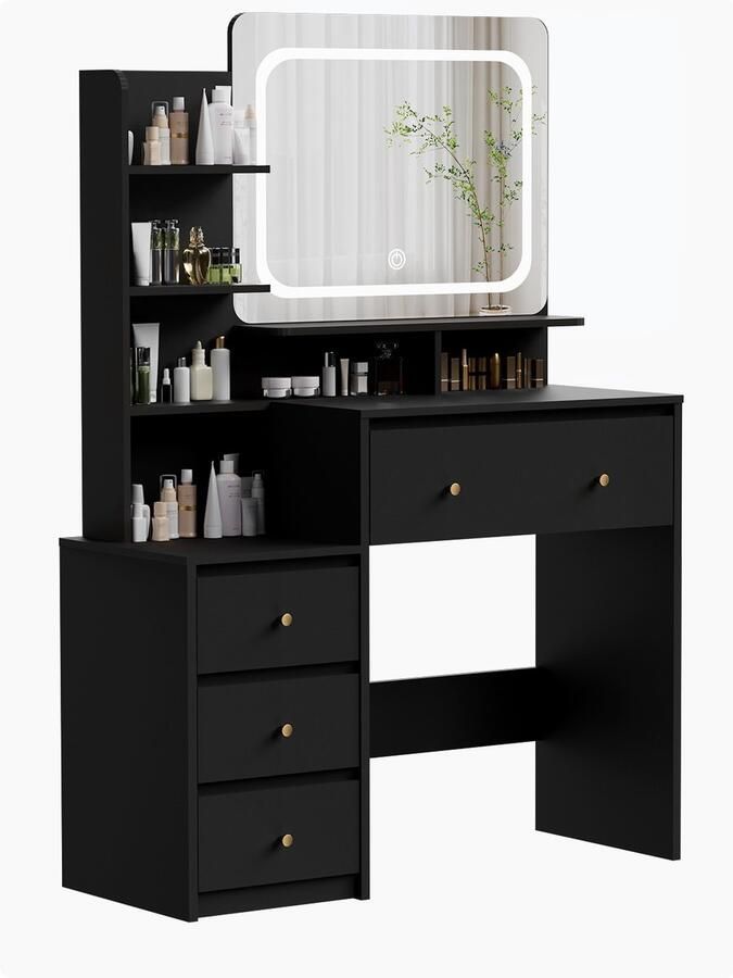 Hiaonyx Kaptafel met LED-verlichting met spiegel laden open vakken dimbare planken modern design geschikt voor slaapkamer met kruk Wit (make-up spiegel LED-verlichting touch dimmer) - Foto 2