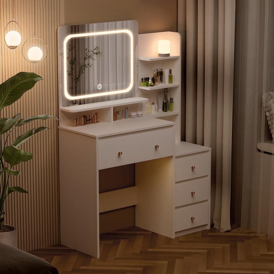 Hiaonyx Kaptafel met LED-verlichting met spiegel laden open vakken dimbare planken modern design geschikt voor slaapkamer met kruk Wit
