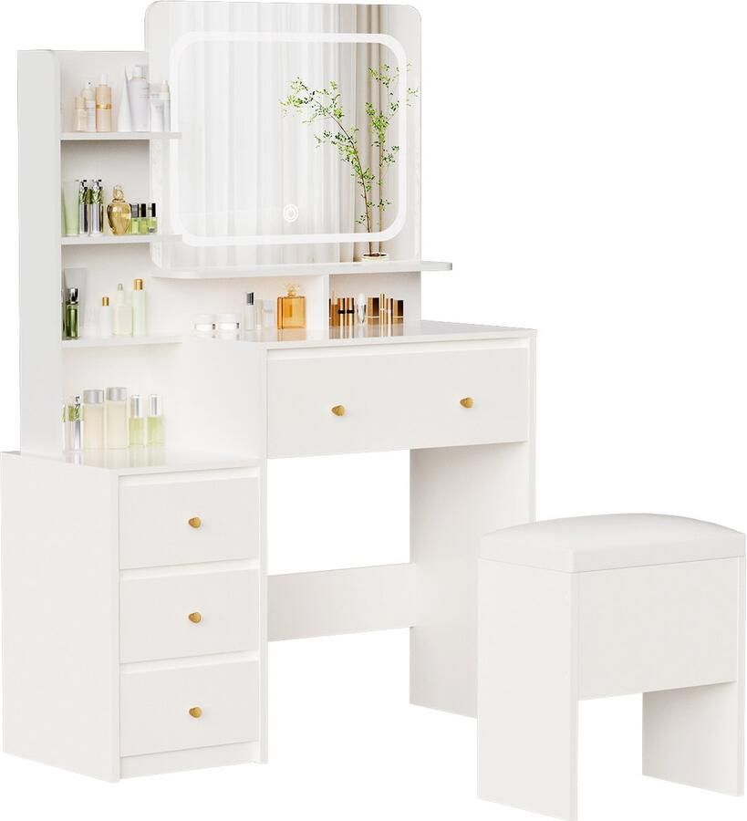 Hiaonyx Kaptafel met LED-verlichting met spiegel laden open vakken dimbare planken modern design geschikt voor slaapkamer met kruk Wit (make-up spiegel LED-verlichting touch dimmer)