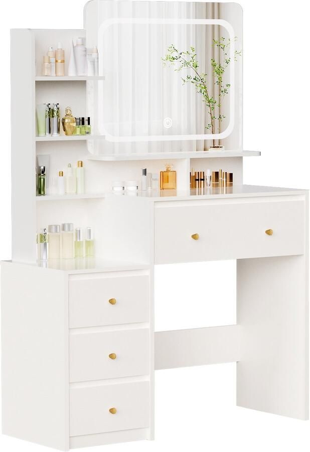 Hiaonyx Kaptafel met LED-verlichting met spiegel laden open vakken dimbare planken modern design geschikt voor slaapkamer met kruk Wit (make-up spiegel LED-verlichting touch dimmer) - Foto 3
