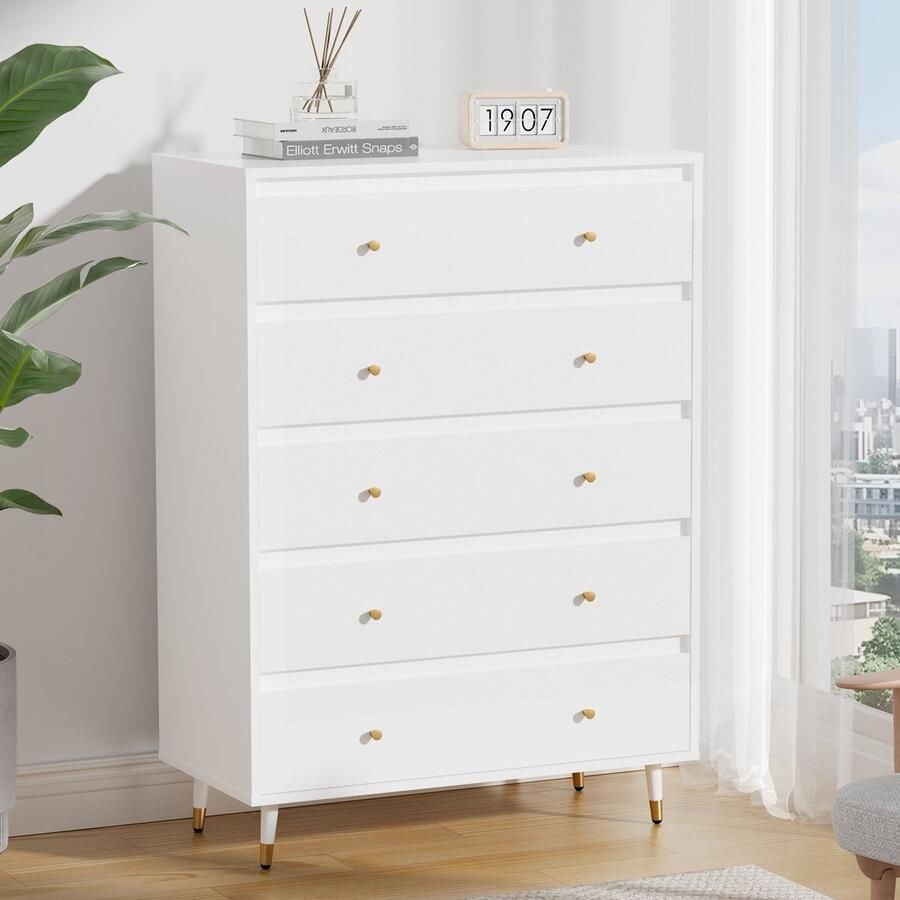 Hiaonyx Ladekast met 5 Ruime Lades – Moderne Opbergkast voor Slaapkamer Woonkamer of Hal – Stevig & Stijlvol – Eenvoudige Montage Houtkleur