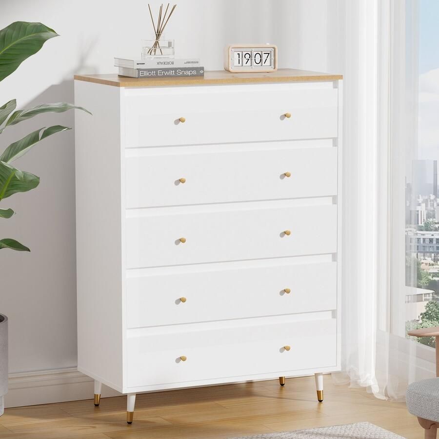 Hiaonyx Ladekast met 5 Ruime Lades – Moderne Opbergkast voor Slaapkamer Woonkamer of Hal – Stevig & Stijlvol – Eenvoudige Montage Houtkleur