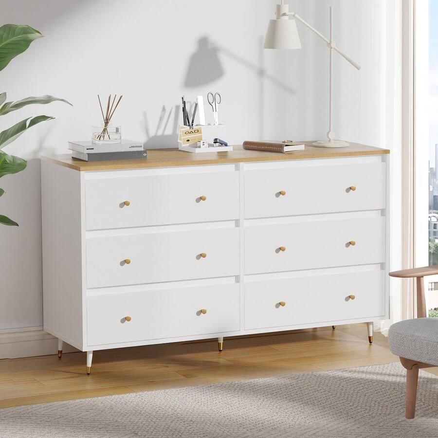 Hiaonyx Ladekast met 6 Ruime Lades – Moderne Opbergkast voor Slaapkamer Woonkamer of Hal – Stevig & Stijlvol – Eenvoudige Montage Houtkleur