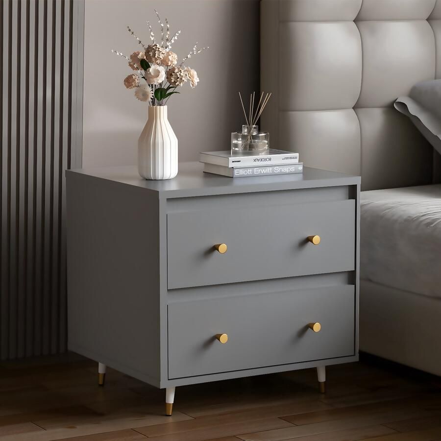 Hiaonyx Nachtkastje Modern Industrieel Design met 2 Lades Ergonomisch Schuin Ontwerp Antislip Poten Bijzettafel Eiken Rotan Kast Grijs