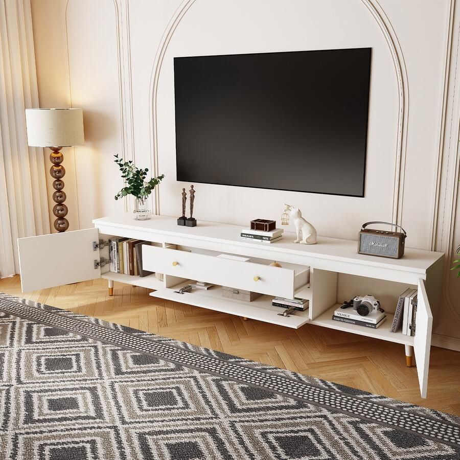 Hiaonyx TV Meubel Tv-meubel Zwart Industrieel– 175cm Breed – Voor TV tot 75 inch – Met Opbergruimte en Lades – Wit