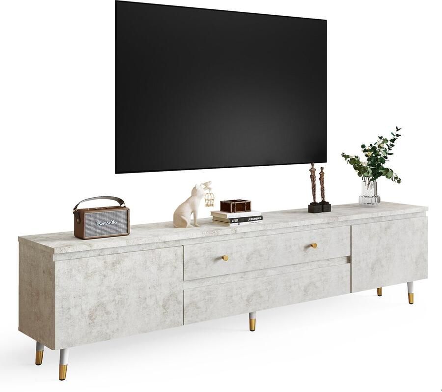 Hiaonyx TV Meubel Wit met Marmerlook – Industrieel – 175cm – Voor TV tot 75 inch – Met Opbergruimte en Lades