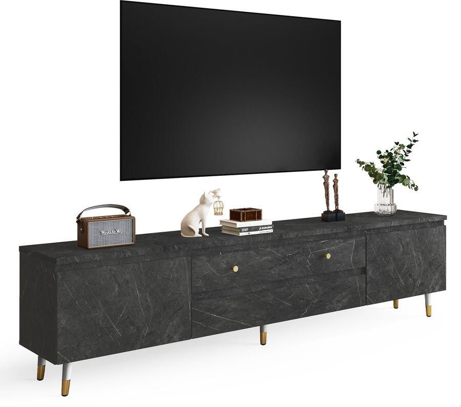 Hiaonyx TV Meubel Zwart met Marmerlook – Industrieel – 175cm – Voor TV tot 75 inch – Met Opbergruimte en Lades