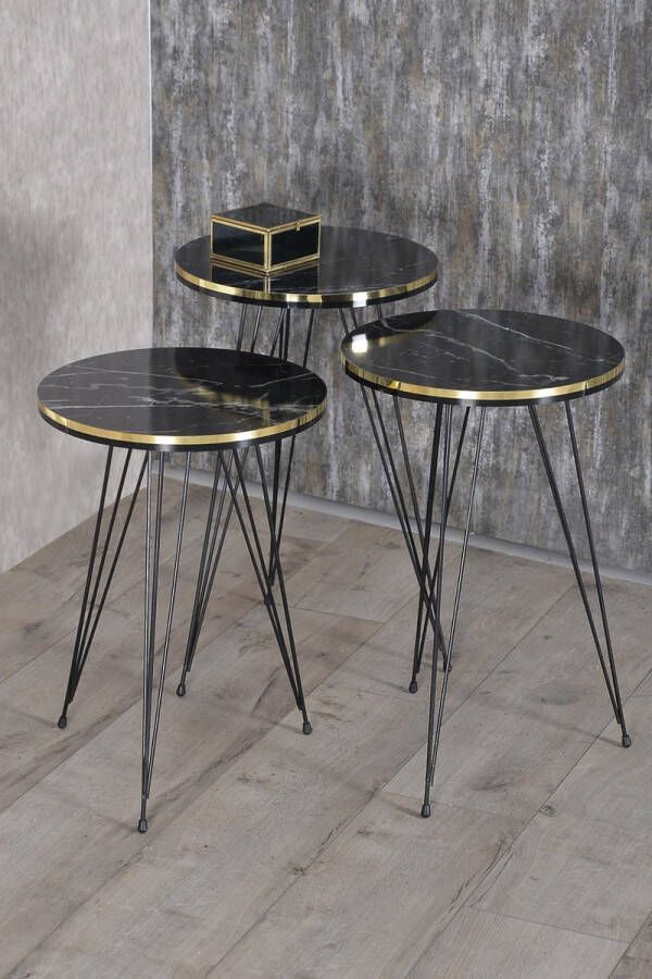 Hiba Bijzettafels Salontafel Set van 3 Luxe design Bijzettafel Sofa tafel Woonkamer tafel I metal poten I Zwart Marmer Patroon (1049)