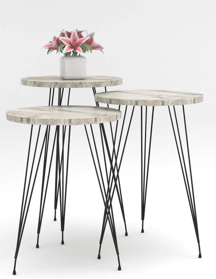 Hiba Bijzettafels Salontafel Set van 3 Luxe design Bijzettafel Sofa tafel Woonkamer tafel Salon tafelSalontafel Ronde nesten set van 3 moderne houtnerflook basis voor salontafels of nachtkastjes in de woonkamer salontafel - Foto 2