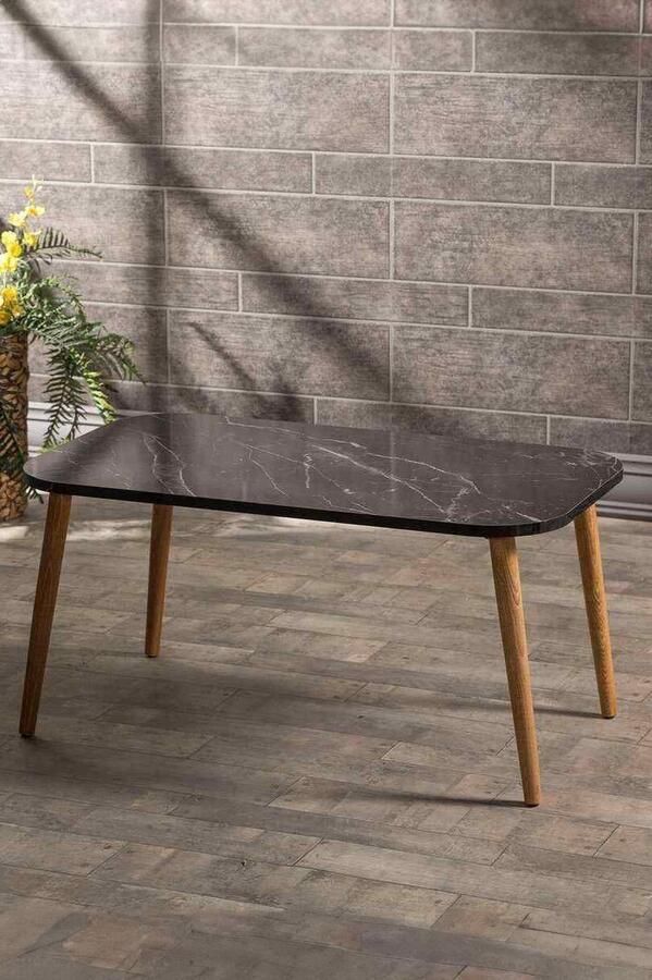 Hiba Salontafel Vierkante houten salontafel- Zwart marmer kleur- Luxe design Bijzettafel Sofa tafel Woonkamer tafel I Houten poten (2006)