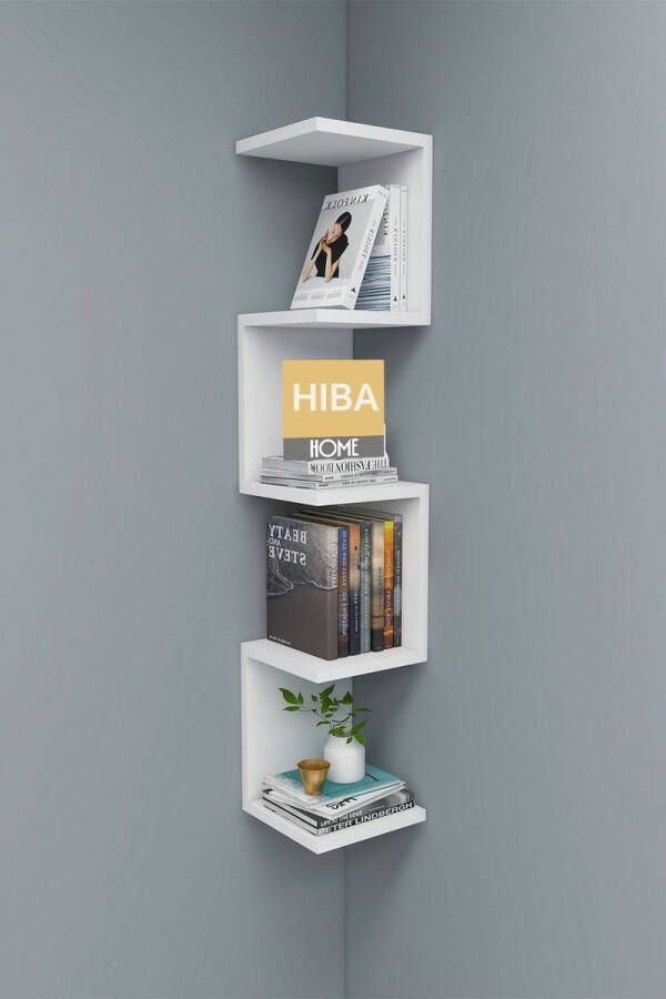 HIBA HOME Wandrek ZigZag Design Boekenkast Hoekkast Zigzag Boekenkast Hoek Boekenkast Wandplank Decoratieve Plank 5 Planken 5 Secties Pijnboom