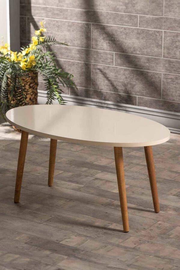 Hiba Salontafel Houten Ellipse Creme kleur- Luxe design Bijzettafel Sofa tafel Woonkamer tafel I Houten poten (2000)