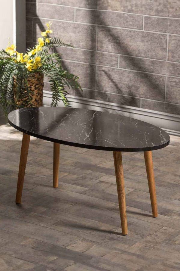 Hiba Salontafel Houten Ellipse Zwart marmerpatroon- Luxe design Bijzettafel Sofa tafel Woonkamer tafel I Houten poten (2001)
