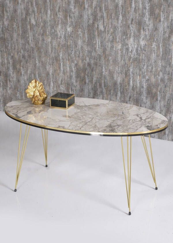 Hiba Salontafel Marmeren look Wit Luxe design Marmer Bijzettafel Sofa tafel Ovaal Woonkamer tafel Salon tafel