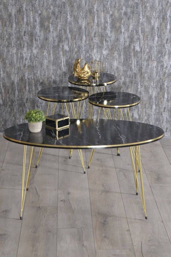 Hiba Salontafel Set Marmeren look Set van 4 Zwart Luxe design Marmer Bijzettafel Sofa tafel Ovaal Woonkamer tafel Salon tafel