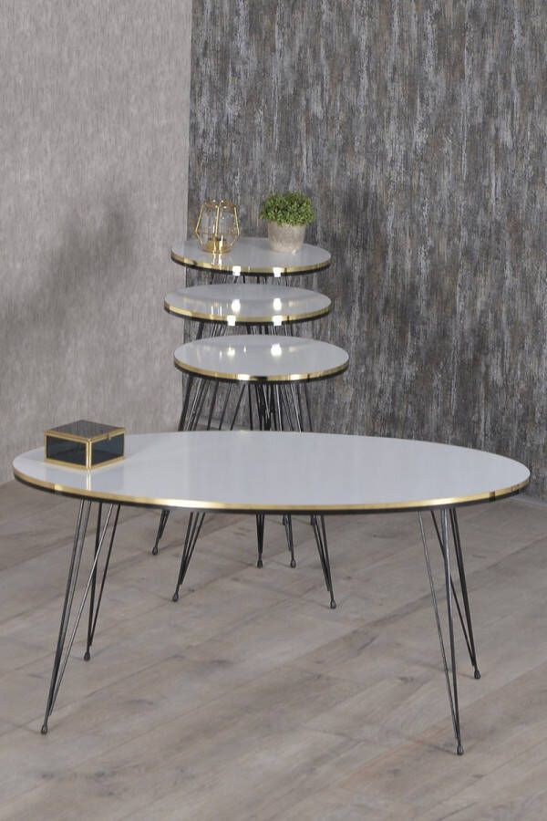 Hiba Salontafel Set Wit Set van 4 Zwart Luxe design Bijzettafel Sofa tafel Ovaal Woonkamer tafel Salon tafel 92*51*9