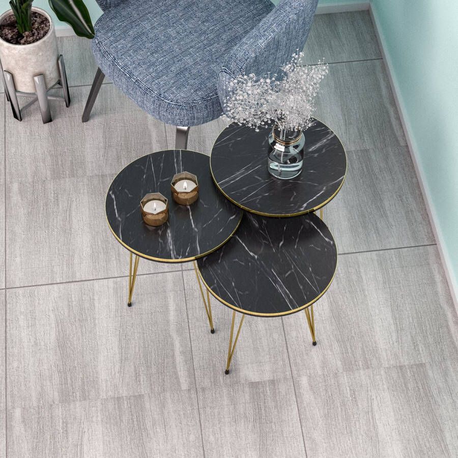 Hiba Bijzettafels- Salontafel Set van 3 Luxe design Bijzettafel Sofa tafel Woonkamer tafel Salon tafelSalontafel Ronde nesten set van 3 moderne houtnerflook basis voor salontafels of nachtkastjes in de woonkamer kleine bijzettafel - Foto 2