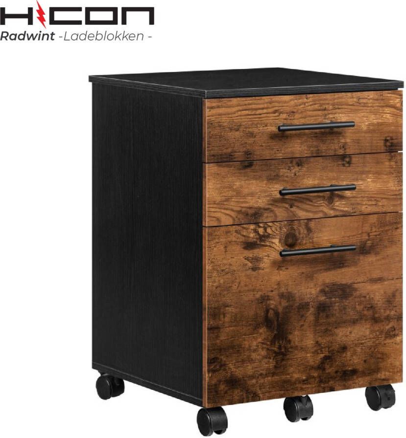 HICON Ladeblok – Bruin Houtlook – 3 Lades – Met wielen – Kantoor Ladeblok Radwint Bruin 40 x 40 x 57.5 cm