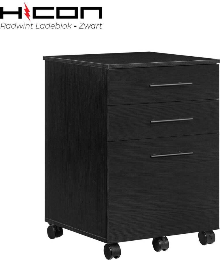 HICON Ladeblok – Zwart Houtlook – 3 Lades – Met wielen & slot – Stijlvol Kantoor Design Radwint Zwart- 40 x 40 x 57.5 cm - Foto 2