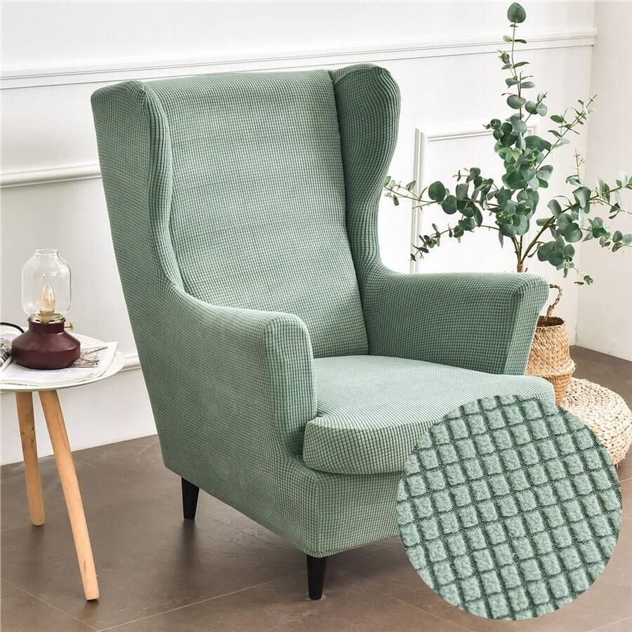 Highdi 2-delige vleugelstoelhoes fauteuilspreien vleugelstoel effen jacquard dikke beschermhoezen stoelhoes Strandmon Tiger stoelhoes met armleuning hoge rugleuning (Matcha groen)