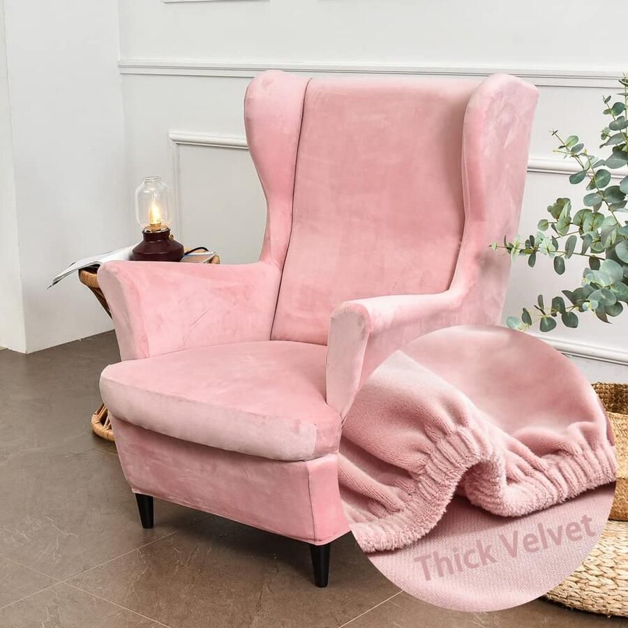 Highdi 2-delige vleugelstoelhoes fauteuilspreien vleugelstoelmode effen fluwelen beschermhoezen stoelhoes Strandmon Tiger stoelhoes met armleuning hoge rugleuning (roze)