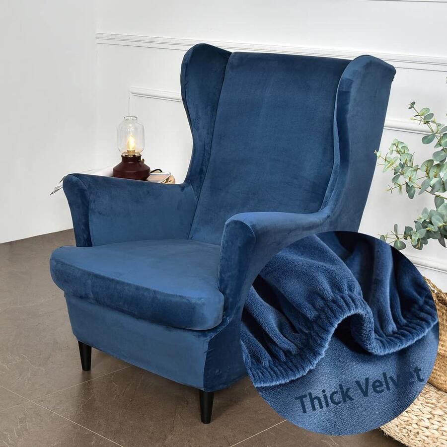 Highdi 2-delige vleugelstoelhoes fauteuilspreien vleugelstoelmode effen fluwelen beschermhoezen stoelhoes Strandmon Tiger stoelhoes met armleuning hoge rugleuning (marineblauw)