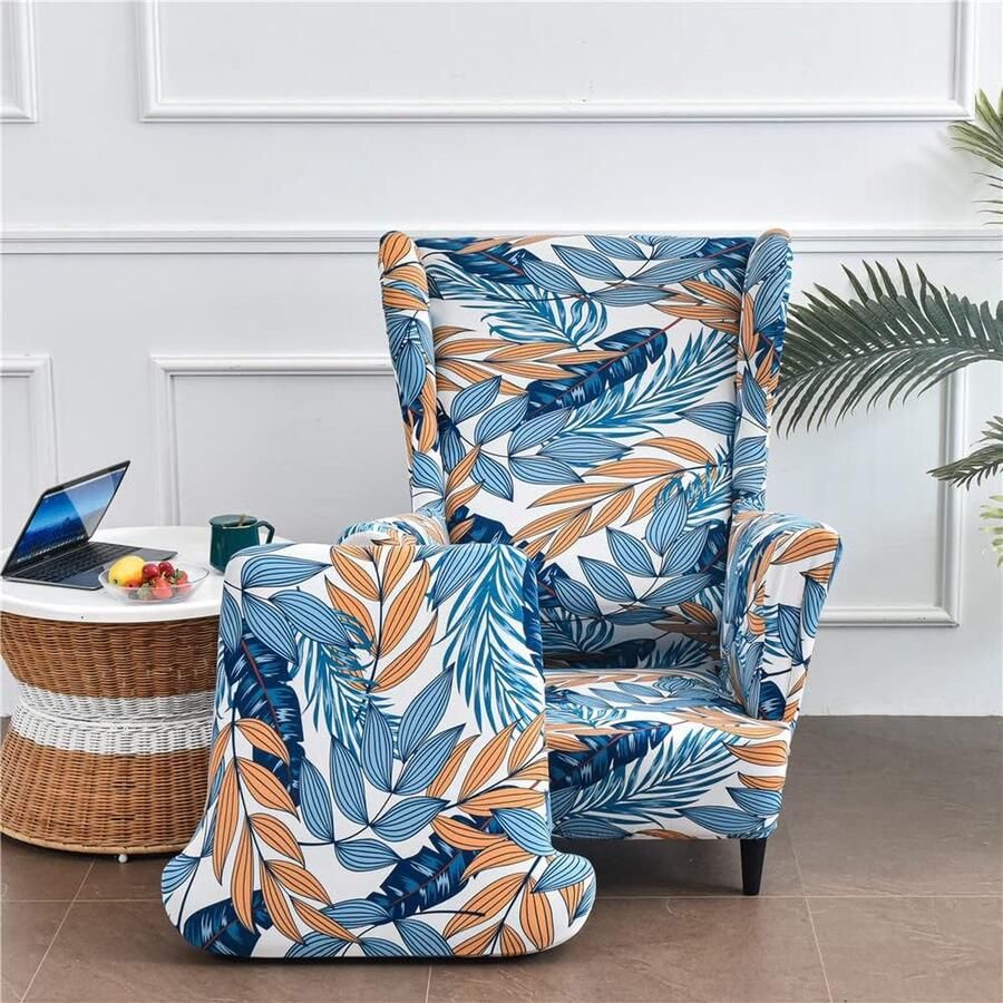 Highdi Stoelhoezen van Wingback 2-delig met Ottomaanse hoes rekbare hoes voor vleugelstoel wasbare hoes van spandex stof meubelbeschermer voor fauteuil stoelen slaapkamer hotel (blauwe