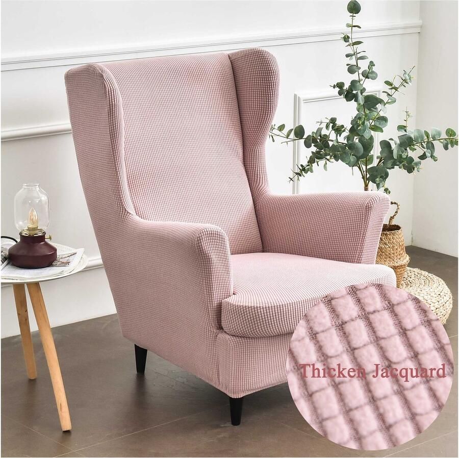 Highdi Wing fauteuilhoes 2-delige set fauteuilhoes eenkleurig jacquard verdikte beschermhoezen overtrek fauteuilhoes strandmon tijger stoelhoes met armleuning hoge rugleuning (roze)