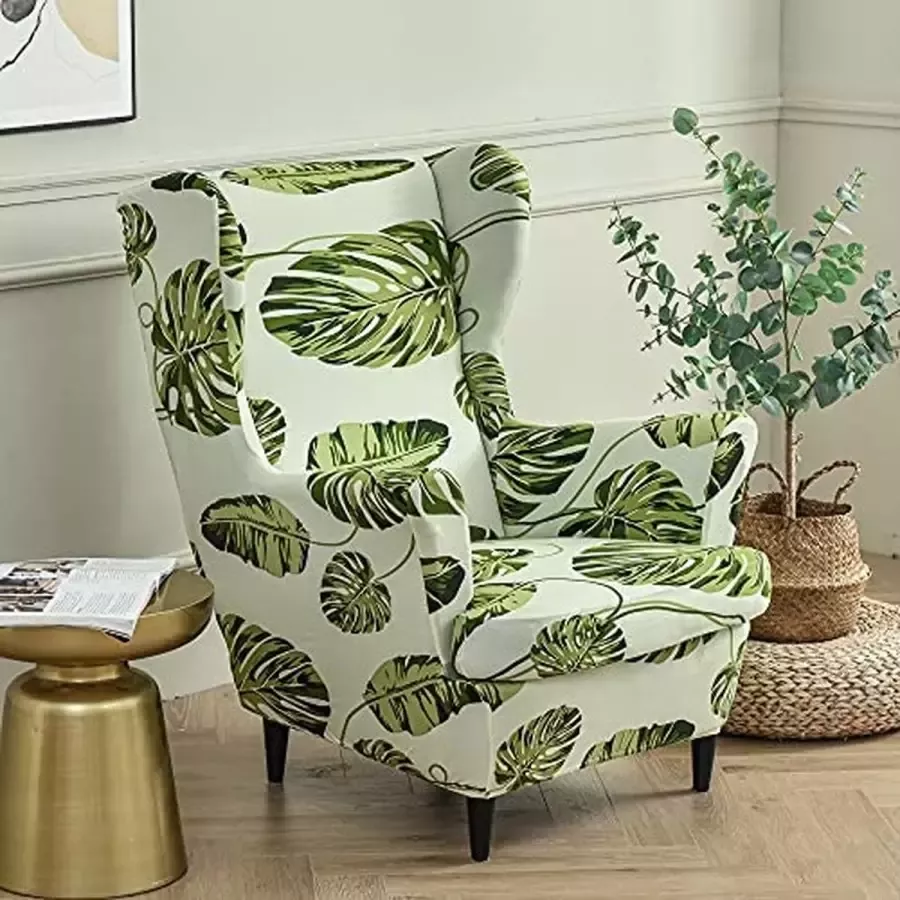 Highdi Wingback Stoelhoezen 2-delige Stretch Wing Stoel Slipcover Wasbare Spandex Stof Sofa Cover Meubelbeschermer voor Fauteuil Stoelen Woonkamer Slaapkamer Hotel (Groen blad)