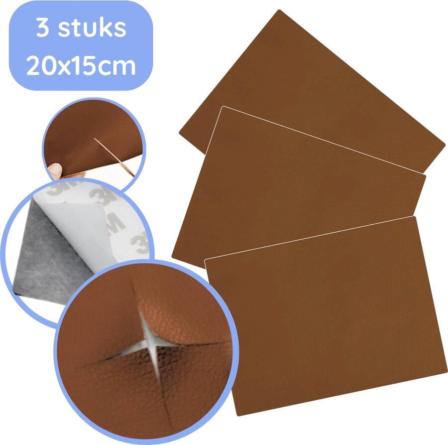 Hilvard Leer reparatie set Meubel reparatie set Zelfklevend nepleer Meubelfolie Cognac bruin Set van 3 stuks 20x15cm